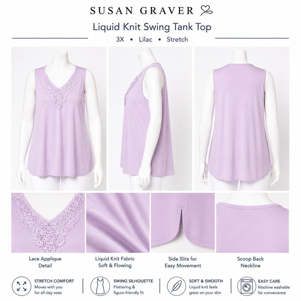 Susan Graver Womens 3X Liquid Knit Swing Tank Top Lilac Lace Applique A87176/22
